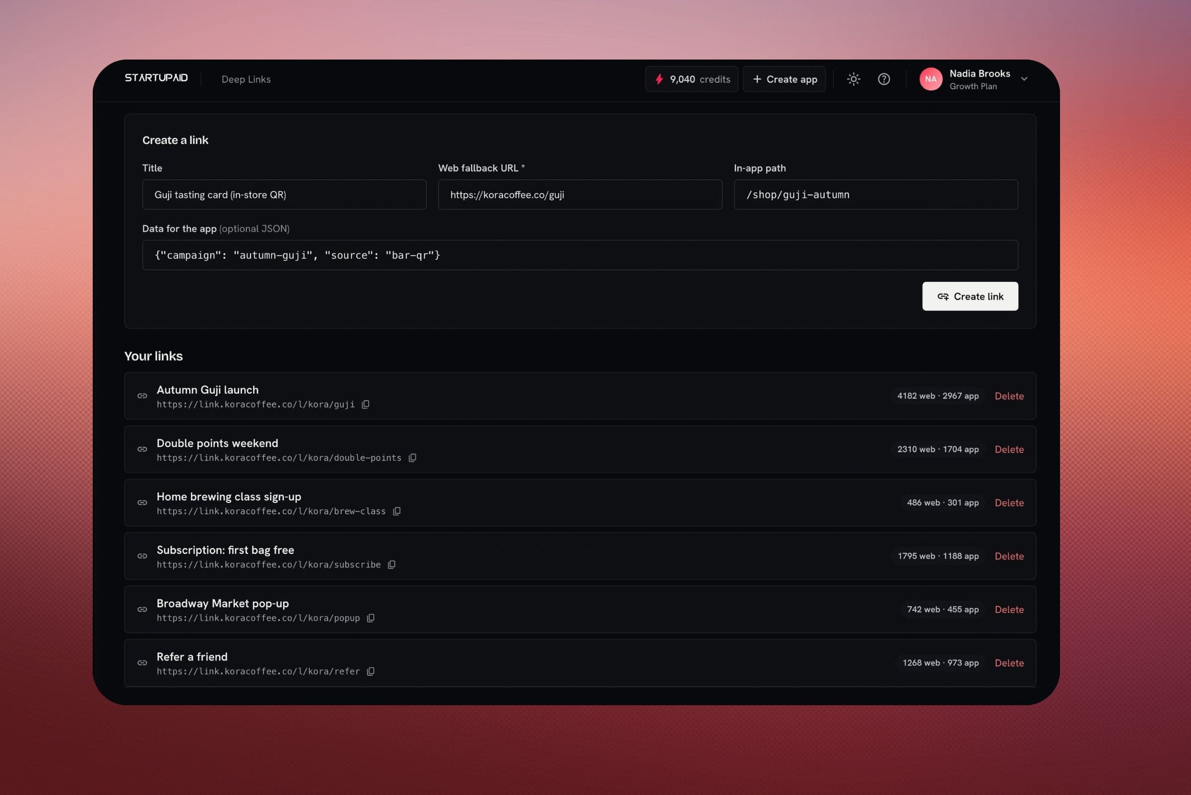 The deep links dashboard: the form for a new link and a list of links with web and app click counts